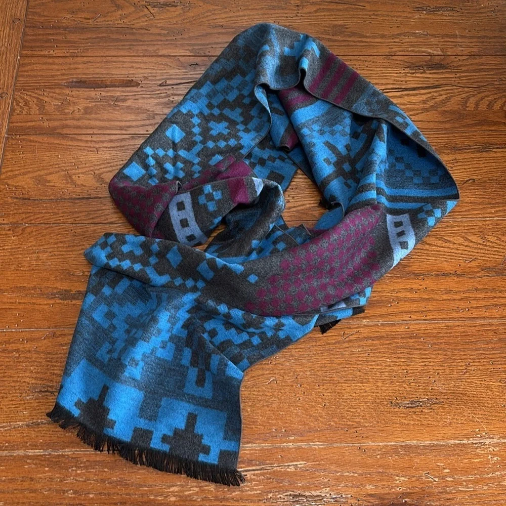 Light of Snow NWT Mulberry Silk Scarf Blue Gray Maroon Geometric Print Fringe